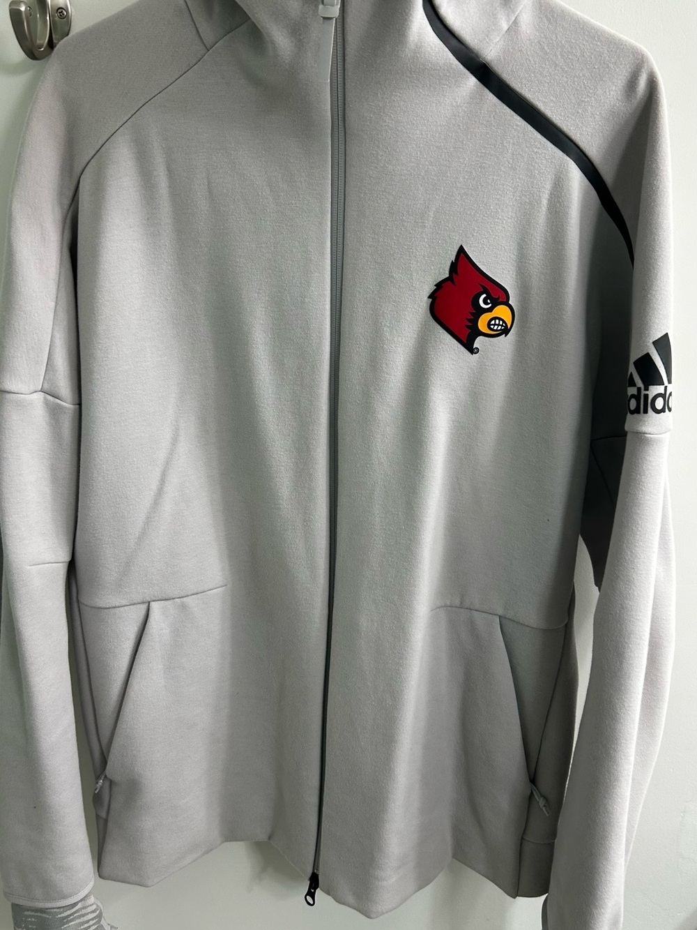 adidas Light Gray Full-Zip Jacket with Red Cardinal Patch